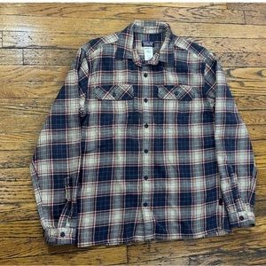 Patagonia Button Up Shirt Long Sleeve Cotton Plaid Mens Large Medium Blue/Creme